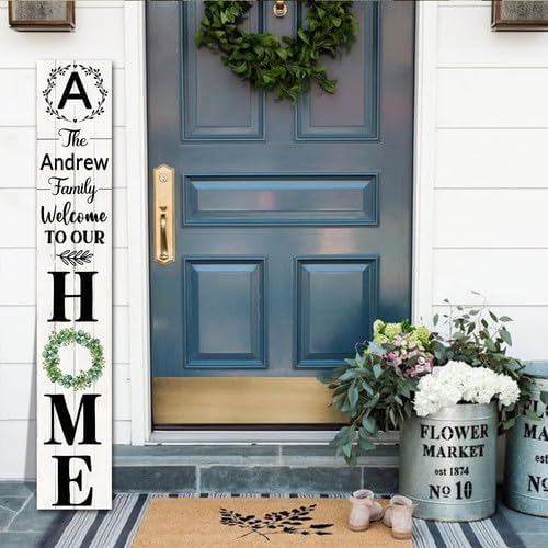 SRongmao Welcome To Our Home Porch Sign Personalized Welcome Sign for Front Door Custom Family Name Signs Standing Vertical Rustic Farmhouse Eucalyptus Wreaths Decor for Front Door Wall Decor