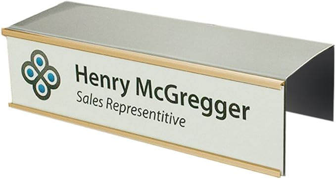 Quality Aluminum, Changeable Cubicle Nameplate Holder, Satin Silver Base, and Polished Yellow Gold Name Plate Holder, Guaranteed Not to Crack (2" Depth)