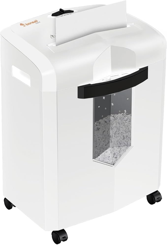 Bonsaii Micro Cut Shredder, Portable with a Convenient Handle, shredding up to 12 Sheets, P-4 Security Level, 60 Min Continuous, CD/Credit Card, Jam-Proof, 4.2 Gal Bin, White/Gray