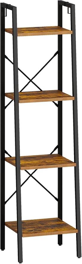 Hzuaneri Ladder Shelf, Bookshelf Bookcase, Freestanding Corner Storage Shelve with 2 Hooks for Home Office, Living Room, Kitchen, Bedroom, Industrial, 11.8"D x 13.4"W x 47.2"H, Rustic Brown BC13201B