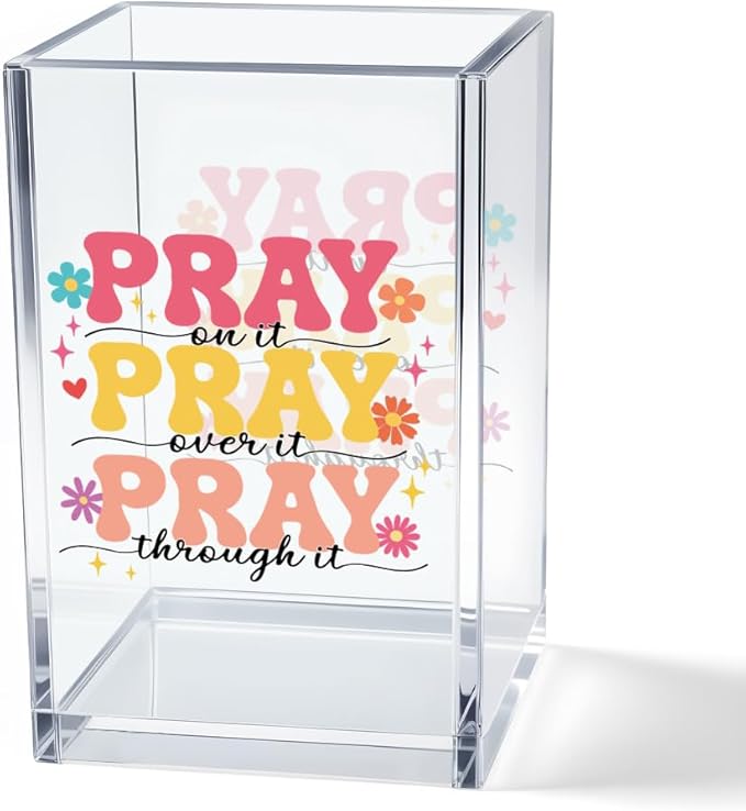 Vgrti Pray on it Pray through it Acrylic Cosmetic Pencil Pen Holder Cup, Bible Verse Pen Holder Cup, Women Faith Gifts, Christian Gifts for Women Mom Daughter Sister Friend Colleague Boss Teacher
