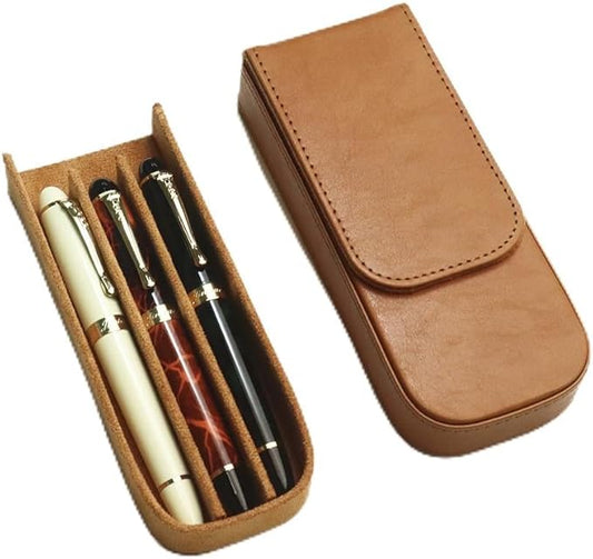 MIVLXLX Leather Triple Pen Case Pencil Pouch Holder for Three Fountain Ballpoint Rollerball Pens and Pencils Gift Choice for Man/Woman/Office (brown)