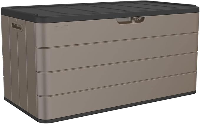 Decksplore 100 Gallon Plus Outdoor Storage Box Waterproof Lockable Resin Deck Box Large, Patio Storage Bin for Pool Accessories Cushion Furniture, Garden Tools, UV-Resistant Outside Delivery Brown
