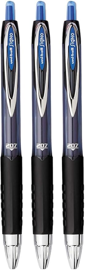 Advantage Gifts Signo 207 Roller Ball Retractable Gel Pens, Medium Point (0.7mm), Blue Ink, 3 Count, Bundle with Plastic Reusable Pouch