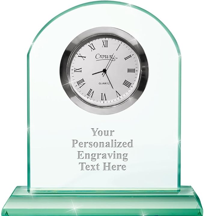 Crown Awards Emerald Crystal Clock – Personalized Jade‑Tone Desk Clock with Custom Engraving – Elegant Gift & Recognition Award Timepiece