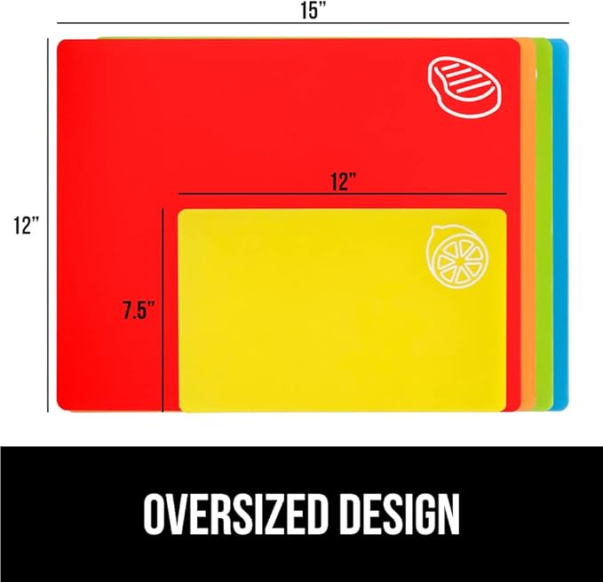 GORILLA GRIP 100% BPA-Free Flexible Cutting Board Set of 5, Durable Plastic Mats with Food Icons for Meal Prepping, Large and Mini Kitchen Chopping Mat, Use for Meat Fish Vegetables Fruit, Multicolor