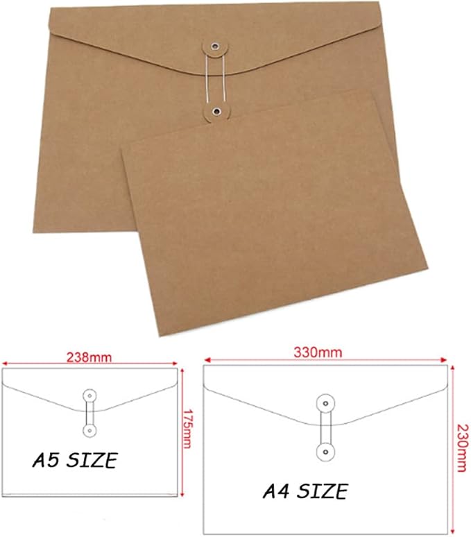 10pcs A4 Kraft Paper Envelopes Portfolio Foolscap File Folders Document Folder with String Fastener Closure Wallet Pockets File Bags Storage Pouch Paperwork Organizer Bag for Office School Home