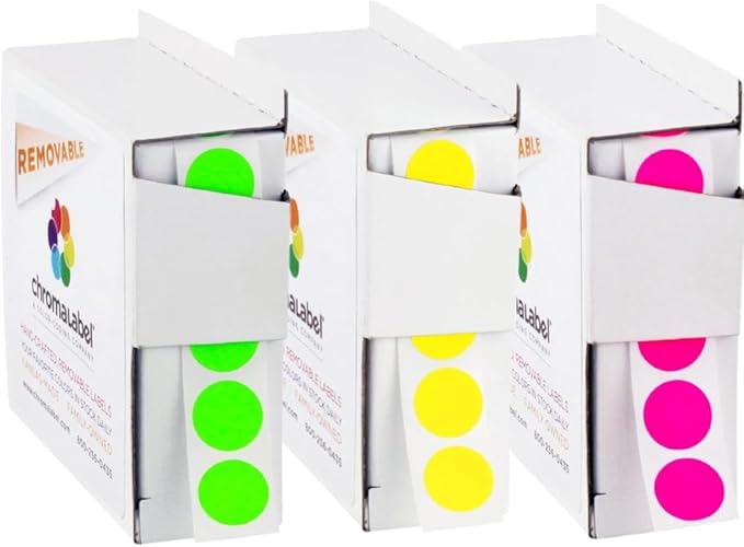 ChromaLabel 1/2" Removable Round Stickers, Colored Dots for Arts and Crafts, Organization, 1000 Dot Stickers per Dispenser Box, Fluorescent Green, Fluorescent Pink, and Fluorescent Yellow Color
