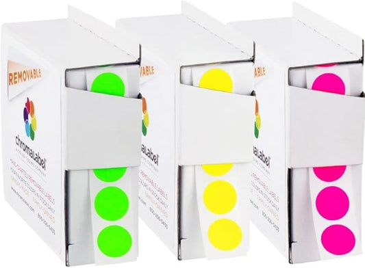 ChromaLabel 1/2" Removable Round Stickers, Colored Dots for Arts and Crafts, Organization, 1000 Dot Stickers per Dispenser Box, Fluorescent Green, Fluorescent Pink, and Fluorescent Yellow Color