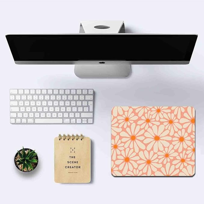 IMAYONDIA Cute Pink Mouse Pad, Daisy Flowers Mouse Pad, Aesthetic Modern Art Mousepad, Abstract Desk Decor, Anti Slip Rubber Base Orange Floral Mice pad for Computer Office Girl, 9.5 x 7.9 Inch
