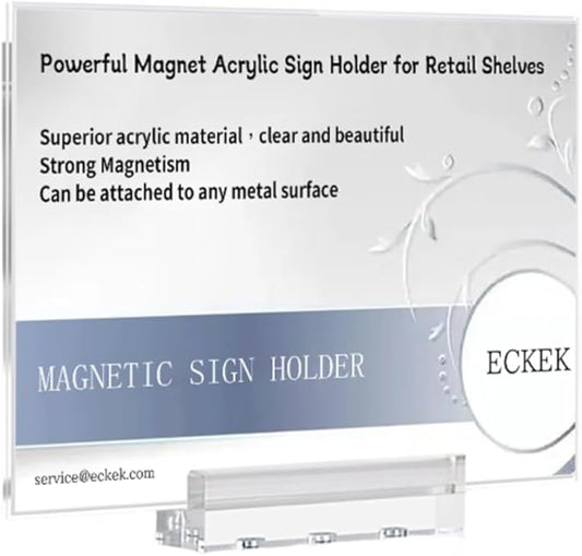 ECKEK Magnetic Sign Holder Grip Holder, Powerful Magnet, Acrylic Sign Holder for Retail Shelves Display Store Vendor Event Warehouse and Shop Supplies (Acrylic Base 210*150mm/8.27*5.91inches)