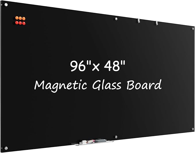 MaxGear Glass Whiteboard, Tempered Magnetic Dry Erase Board 96 x 48 Inch Black, Frameless Wall Mounted, Office Classroom Conference Room Home Use, Includes Markers, Eraser, Magnets & Mounting Kit