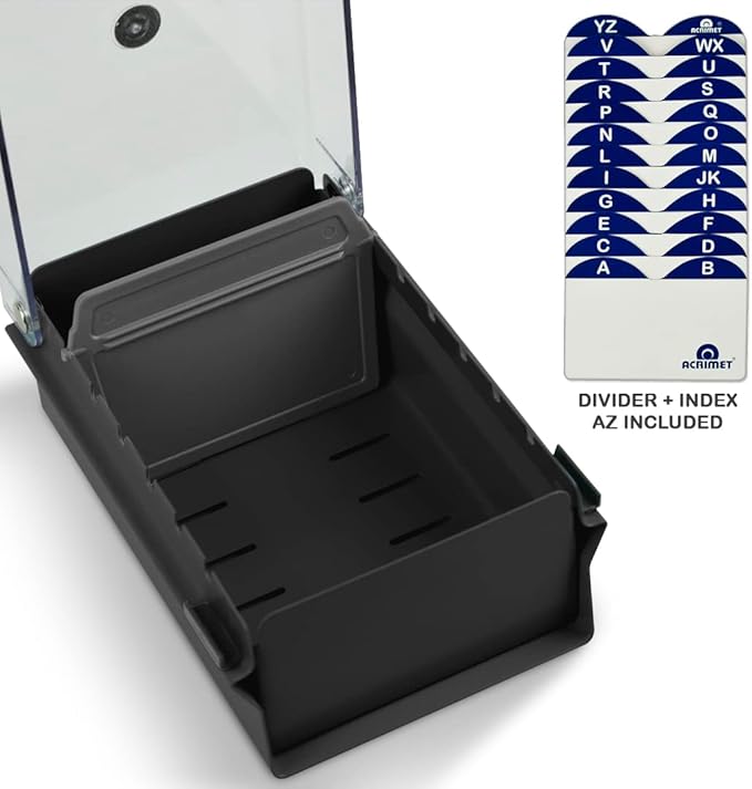 Acrimet Index Business Card Size File Holder Organizer Box Metal Base Heavy Duty (AZ Index Cards and Divider Included) (Black Color with Clear Crystal Plastic Lid Cover)
