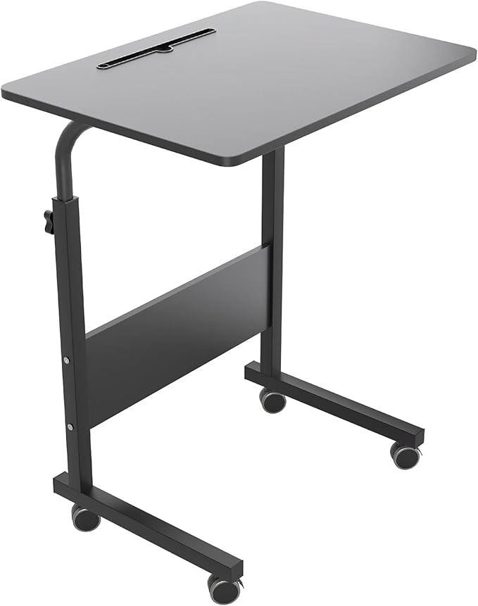 DlandHome Rolling Laptop Desk Stand Up Adjustable Mobile Laptop Desk, 23.6 Inches Medium Size Side Table, Movable w/Tablet Slot & Wheels, Portable Stand for Bed Sofa Black