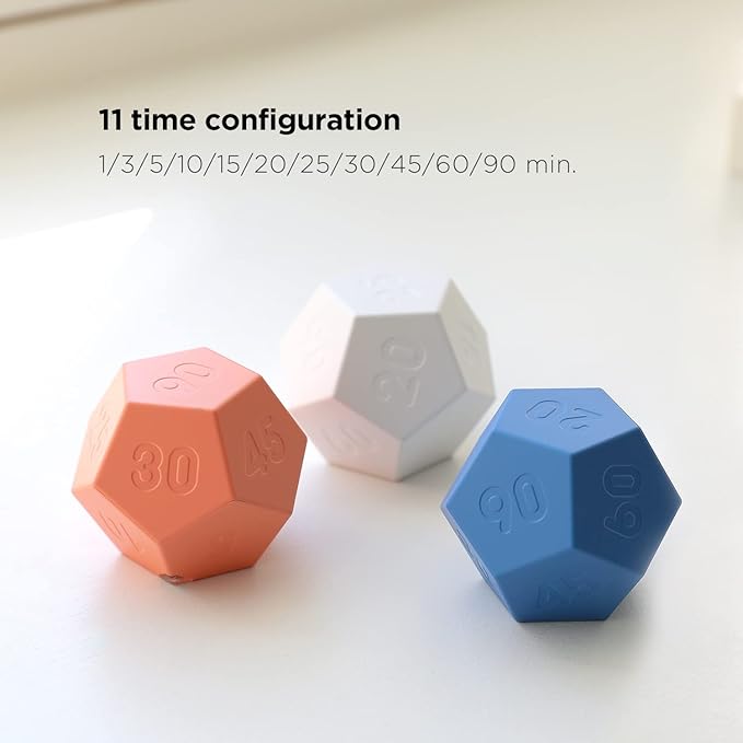 mooas Dodecagon Time Ball Rechargeable Mini Timer (White), 11 Preset Times, Desk & Study Productivity Timer, Sound/Vibrate/Mute, Easy to Use