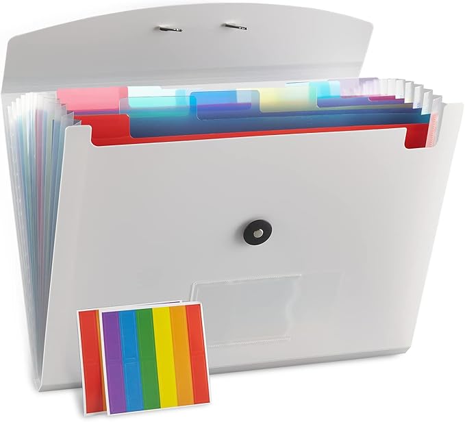 Expanding File Folder - 13 Pockets White Accordion Filing Organizer for Documents, Aesthetic Paper Folder