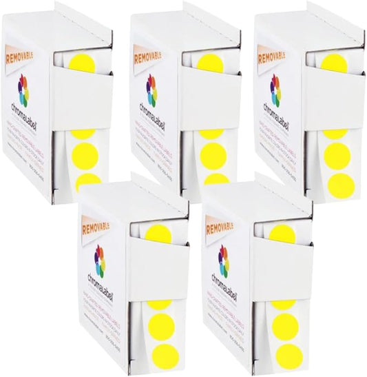 ChromaLabel 1/2 Inch Round Yellow Dot Stickers, Color Coding Labels with Adhesive, 1000 per Dispenser Box, Yellow Labels - Case of 5
