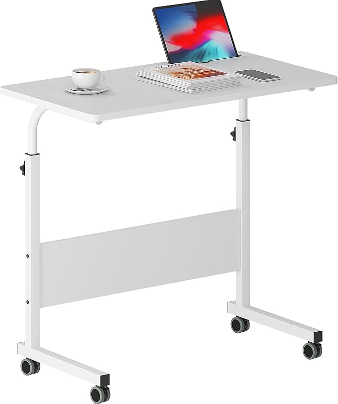 DlandHome Rolling Desk Adjustable Standing Desk, Mobile Side Table 31.4 Inches w/Wheels Adjustable C Table Movable Portable Laptop Computer Stand for Bed Sofa,White
