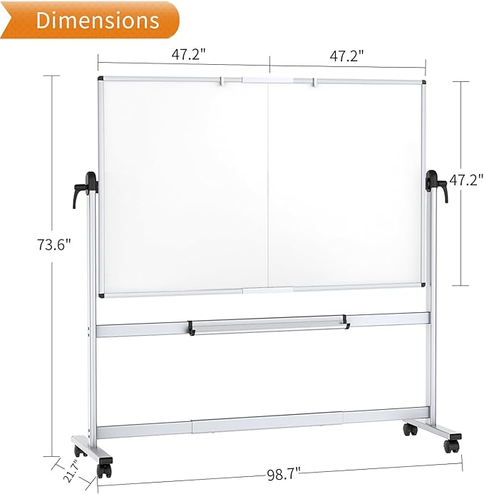 VIZ-PRO Double-Sided Mobile Whiteboard, 96 x 48 Inches, Magnetic Rolling Dry Erase White Board on Wheels with Aluminium Frame and Stand 8' x 4'