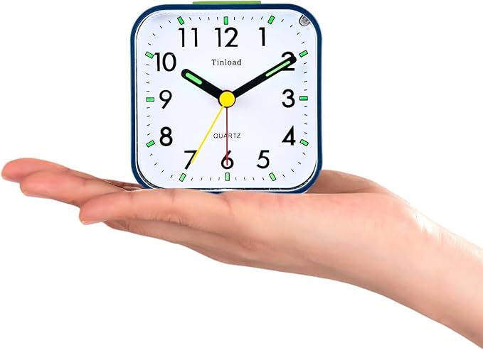 Tinload Small Battery Operated Analog Alarm Clock Silent Non Ticking, Ascending Beep Sounds, Snooze,Light Functions (Blue)