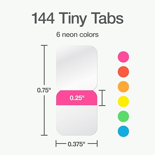 Redi-Tag Tiny Tabs, 144 Pack, Durable Page Markers for Organizing, Mini Flags for Highlighting Notes, Books and Documents, Permanent Adhesive, 6 Neon Colors, 0.375 x 0.375 inches (1016715)