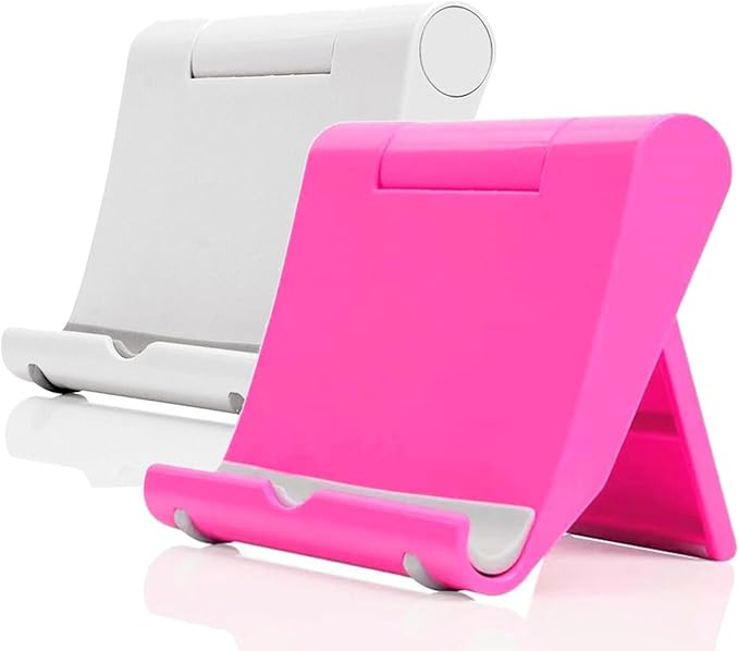 JUSDIQIR Cell Phone Stand for Desk Foldable Cell Phone Holder Desk Tablet Holder Mobile Phone Dock, Multi-Angle Universal Adjustable Tablet Dock (Pink+White)