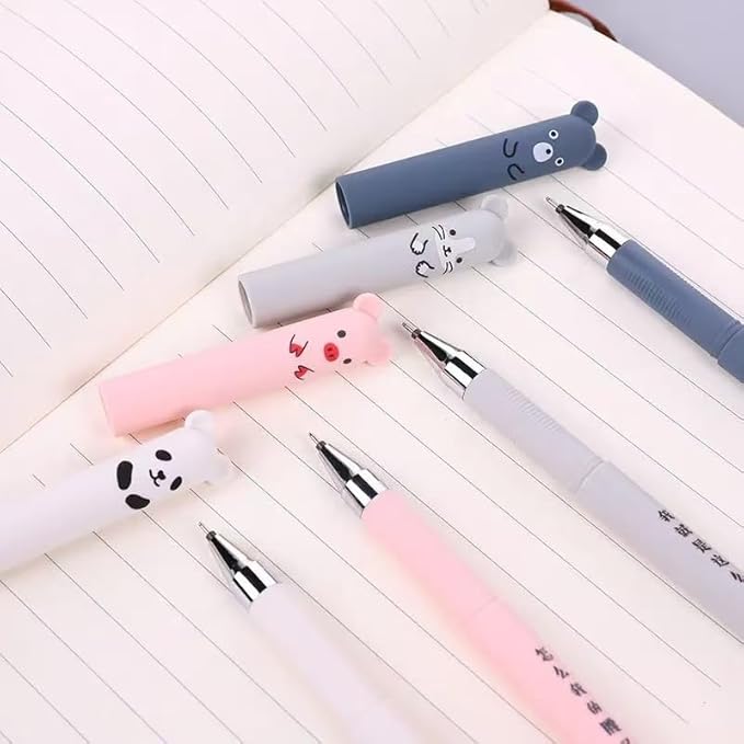 Piaogui 6pcs 0.5mm Erasable Gel Pens,Kawaii Cute Bear Pig Erasable Gel Pen Set Kawaii Pens Back to School Stationery Supplies for Writing Noting Journaling Kids Gifts (Grey-6 Pcs)