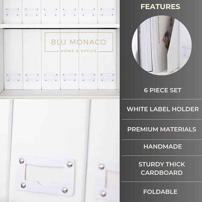 BLU MONACO Set of 6 Foldable White Magazine File Holders | Vertical Desk File Organizer Boxes With Leather Label Holders | Stylish Cardboard Magazine Storage for Shelves, Workspace and Home Office