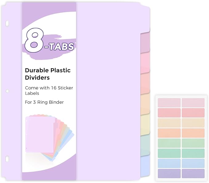SKYDUE Durable Plastic 8-Tab Dividers, Big Tab Dividers for 3 Ring Binder, Write & Erase 3 Ring Binder Dividers with Tabs, with Sticker Labels, 1 Set, Pastel Color (Purple)