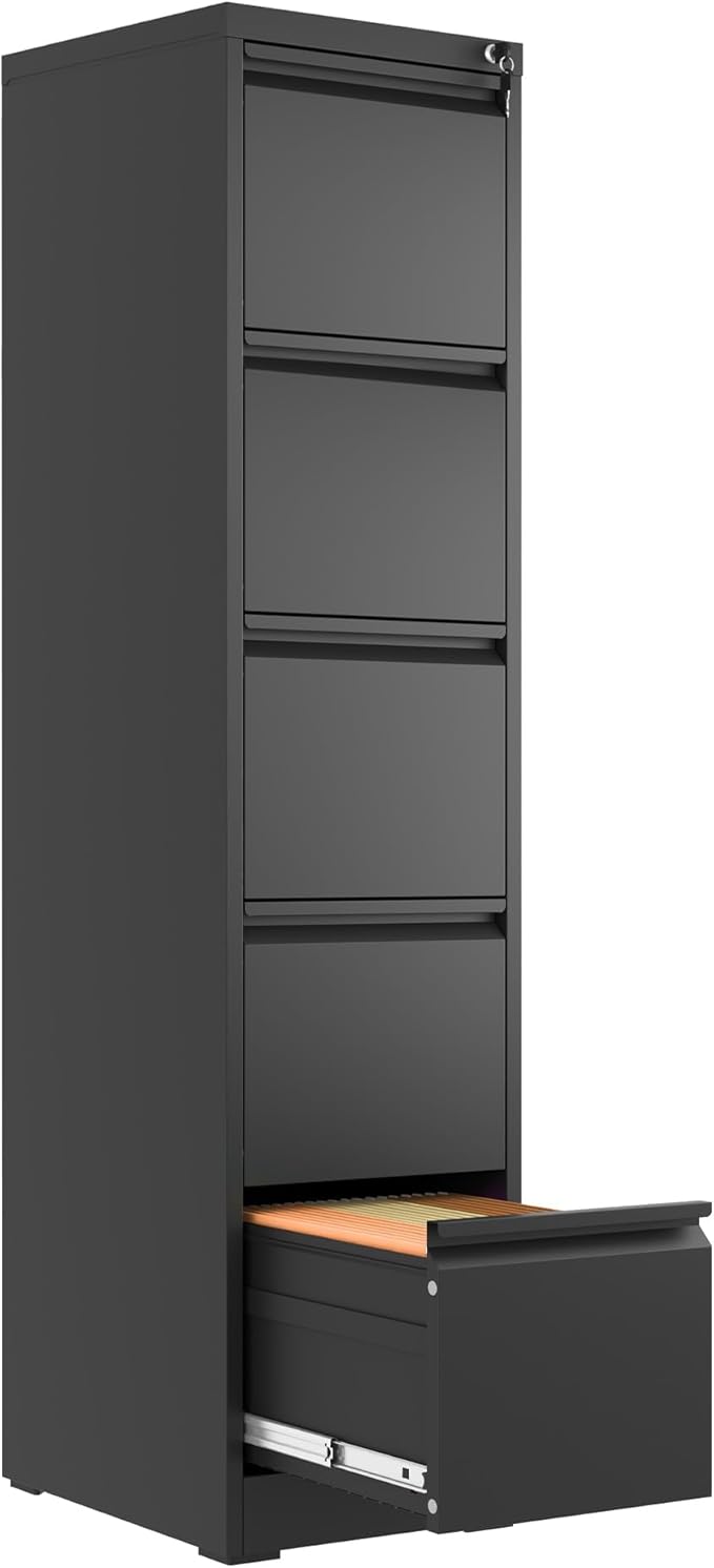 FLIXELIO 5 Drawer File Cabinet with Lock,Metal Vertical Filing Cabinets for Home Office,Heavy Duty File Storage Cabinet for Letter/Legal/A4/F4 Size File,Assembly Require (Black, Vertical 5 Drawer)