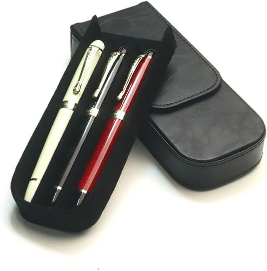 MIVLXLX Leather Triple Pen Case Pencil Pouch Holder for Three Fountain Ballpoint Rollerball Pens and Pencils Gift Choice for Man/Woman/Office (Black)