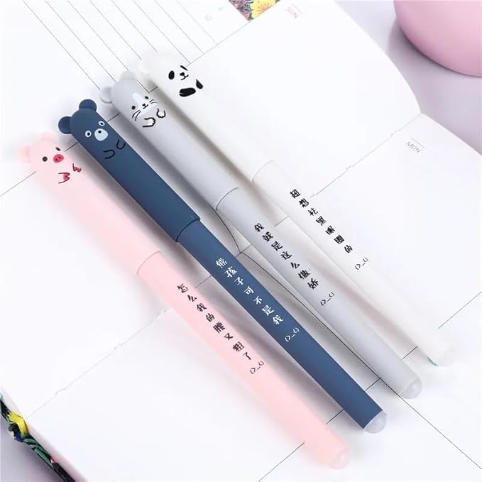 Piaogui 6pcs 0.5mm Erasable Gel Pens,Kawaii Cute Bear Pig Erasable Gel Pen Set Kawaii Pens Back to School Stationery Supplies for Writing Noting Journaling Kids Gifts (White-6 Pcs)
