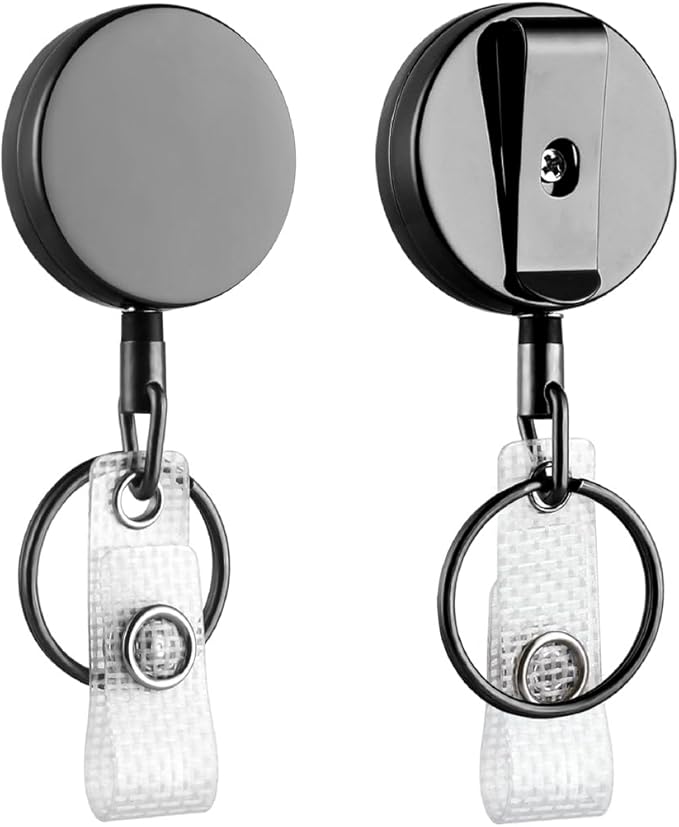 Will Well ID Badge Holder Reel with Clip and Keyring - Heavy-Duty All-Metal Casing with 27.5" UHMWPE Fiber Pull Cord for Durability and Easy Access, Holds up to 8 Keys - 2-Pack, Round, Glossy Black