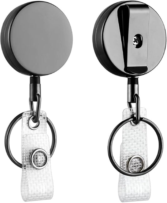 Will Well ID Badge Holder Reel with Clip and Keyring - Heavy-Duty All-Metal Casing with 27.5" UHMWPE Fiber Pull Cord for Durability and Easy Access, Holds up to 8 Keys - 2-Pack, Round, Glossy Black