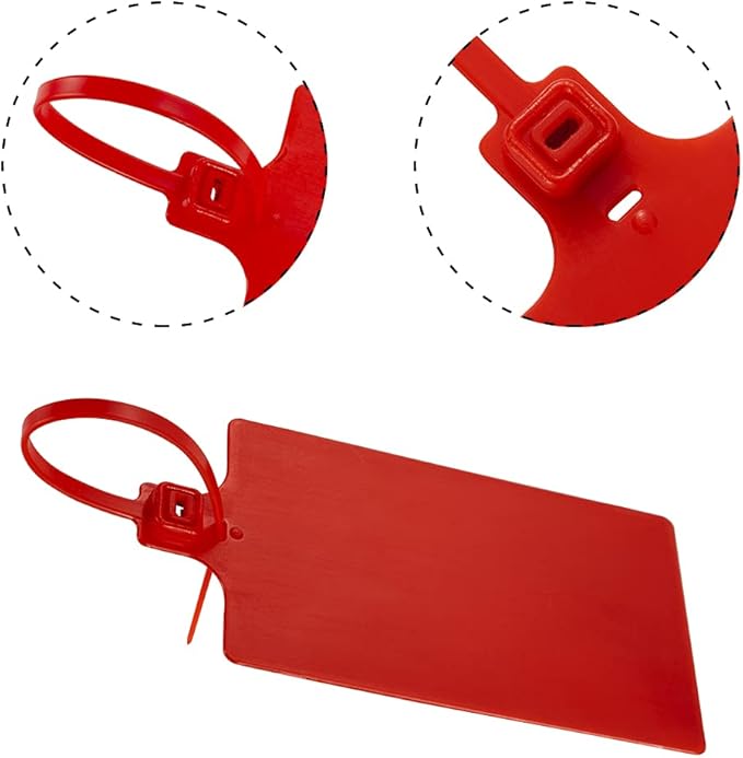 200Pcs Plastic Seals Shipping Label Tags, Writable Marker Big Sign Tie for Logistics, 255mm Total Length Self Locking Inventory Waterproof Tag Fastener (Red)