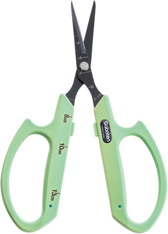 Saboten Fluorine Coated Angled Blade Trimming Scissors Green PT-2 160mm Precision Gardening Bonsai and Floral Shears Made in Japan