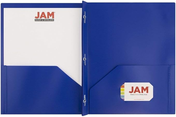 JAM PAPER Plastic Color POP Folders - 2 Pocket Durable Folders with Metal Prongs Fastener Clasps - Dark Blue - 6/Pack