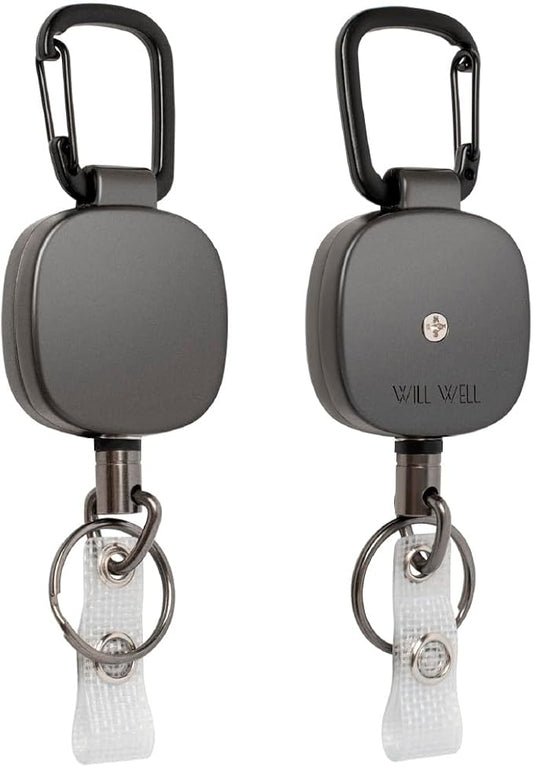 Will Well ID Badge Holder Reel with Clip and Keyring - Heavy-Duty All-Metal Casing with 27.5"UHMWPE Fiber Pull Cord for Durability and Easy Access, Holds up to 8 Keys - 2-Pack, Square, Matte Black