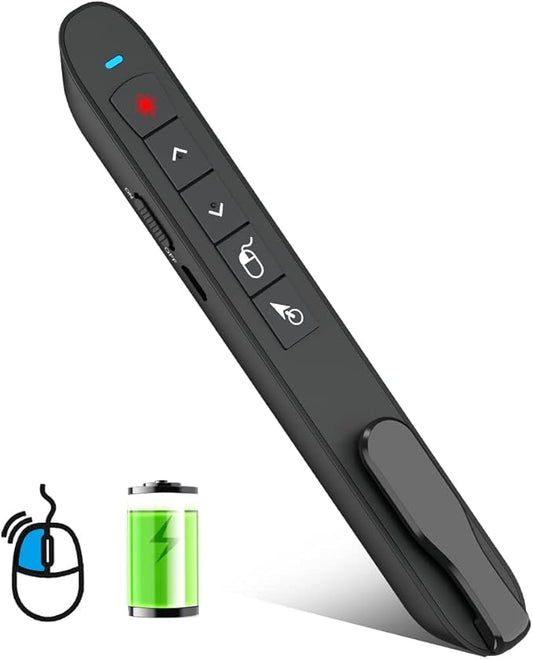 DINOSTRIKE Air Mouse Green Light USB Rechargeable Presentation Clicker Wireless Presenter Presentation Remote Control RF 2.4 GHz Powerpoint Clicker Slide Advancer for Mac Laptop Computer