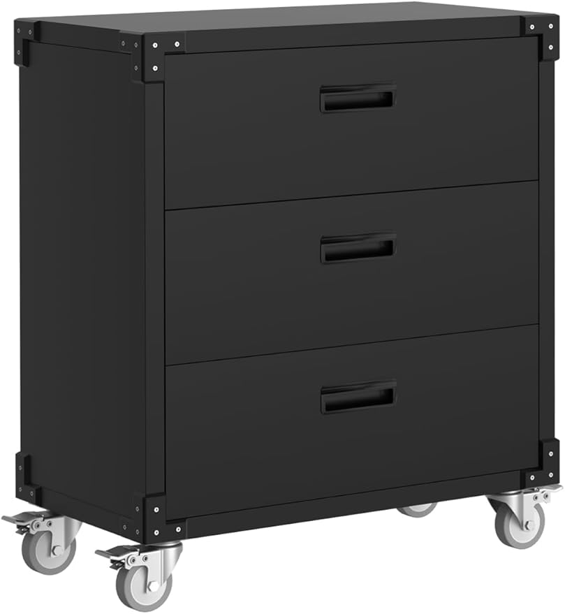 ExploreHorizon Metal Storage Cabinet with 3 Drawers on Wheels, Heavy Duty Mobile Rolling Tool Cart & Tool Chest, Lockable Utility Cabinet for Garage, Workshop, Home, Office, Warehouse, Black