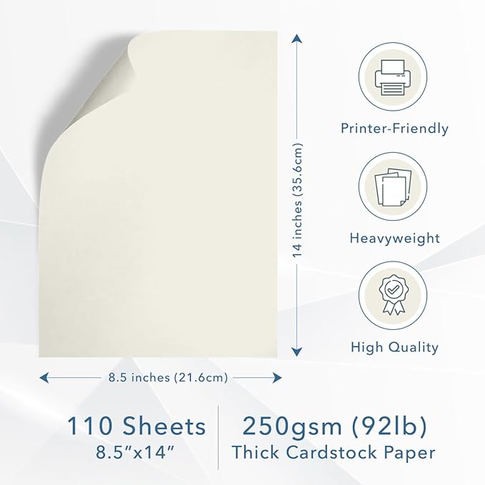 MOS Off-White Legal Cardstock Paper 8.5 x 14 Inch (110 Sheets) — Heavyweight 250 GSM Cover Stock for Certificates, Menus, Legal Documents, Crafts, Printer Compatible