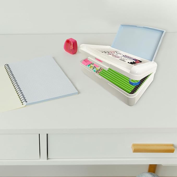Double Layer Plastic Art Storage Box ，Fashion Hard Durable Pencil Organizer for Brushes, Paints, Stamps, Eraser, Sticker