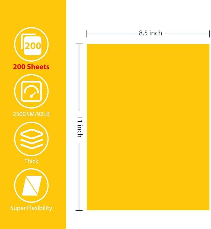 OcePor 200 Sheets Yellow Cardstock Paper, Colored Printer Paper 8.5 x 11, Card Stock Thick Construction for Craft,Scrapbook，Office Printing, Invitations, Certificates，92 lb/250gsm