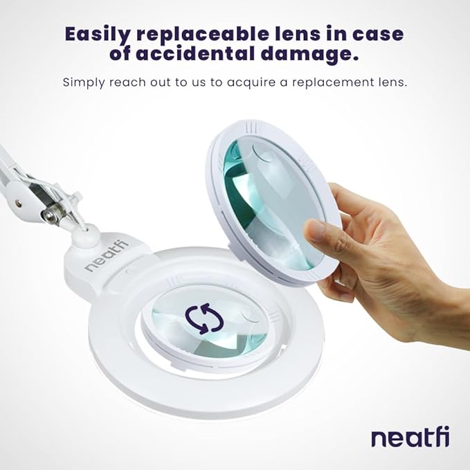 Neatfi XL Bifocal LED Magnifying Lamp, 7-Inch Lens, 5D/20D Magnification, Hands-Free, Dimmable, 84 SMD LED, Adjustable Arm for Crafts, Reading, Close Work (White, Glass Lens with Clamp)