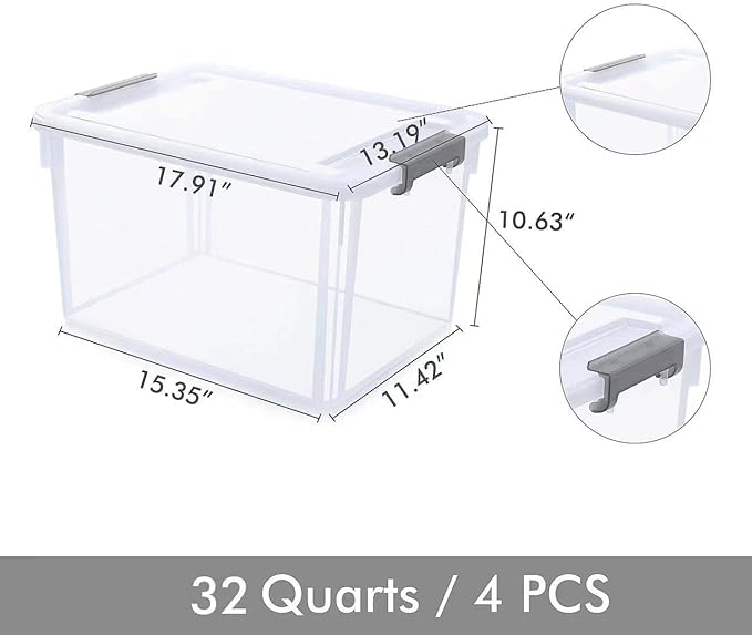 Citylife 32 QT Plastic Storage Bins with Latching Lids Stackable Storage Containers for Organizing Large Clear Storage Box for Garage, Closet, Kitchen, 4 Packs