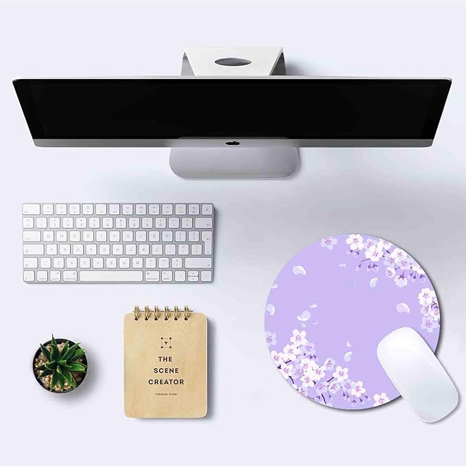 IMAYONDIA Cute Purple Mouse Pad Small, Floral Flower Round Mouse Pads, Sakura Cherry Blossom Mousepad, Aesthetic Desk Decor, Anti Slip Rubber Base Mice pad for Computer Office Girl, 7.9 x 7.9 Inch