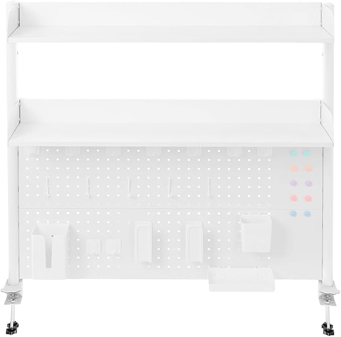 Dlinanta Clamp-On Pegboard Desk Organizer, 2-Tier Clamp On Desk Shelf with Hooks, Office Accessory Organizer for Books, Office Supplies & DIY Storage, 16.5lbs Capacity, 39.37" x 37.4", White