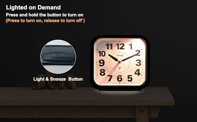 Tinload 5.5" Large No Ticking Analog Alarm Clock,Silent Readable for Seniors,Easy to Set,Gradual Rise Alarm,Big Numbers,Gentle Wake,Snooze, Lighted on Demand,Battery Operated,Black