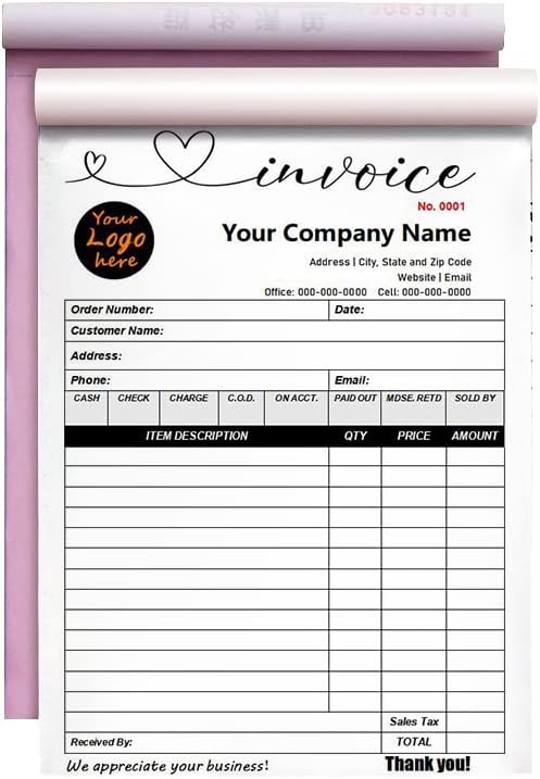 Custom Carbonless Sales Invoice Form Books for Small Business, Personalized NCR 2-Part Receipt Book with Carbon Copies, Cover Add Company Name, Address and Number Printed
