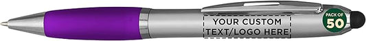 DISCOUNT PROMOS Custom Stylus Ballpoint Pens Set of 50, Personalized Bulk Pack - Black Ink, Great for Office, School, Business, Tradeshows, Events - Purple